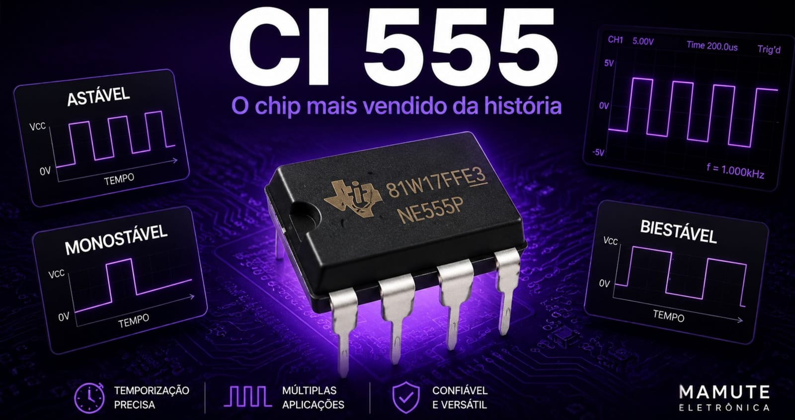 CI NE555: Guia Completo — 3 Modos, 8 Pinos, Fórmulas e Circuitos Práticos